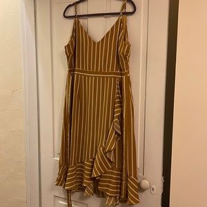 Mustard yellow and white vertical striped dress